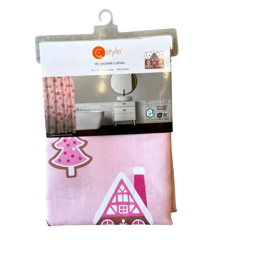 Christmas GINGERBREAD HOUSE Shower Curtain 72x72 Pinkmas Holiday Glam NEW